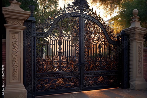 iron mansion gates with intricate and detailed scrollwork, created with generative ai photo