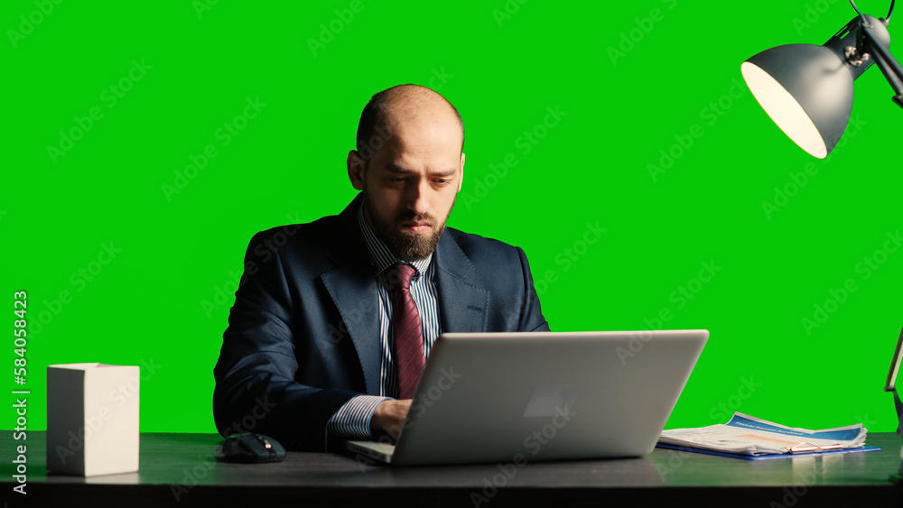 Concerned person making mistake over greenscreen, feeling angry about business fail. Corporate employee working under pressure on isolated mockup copyspace, blank chroma key background. Concerned person making mistake over greenscreen, feeling angry about business fail. Corporate employee working under pressure on isolated mockup copyspace, blank chroma key background.