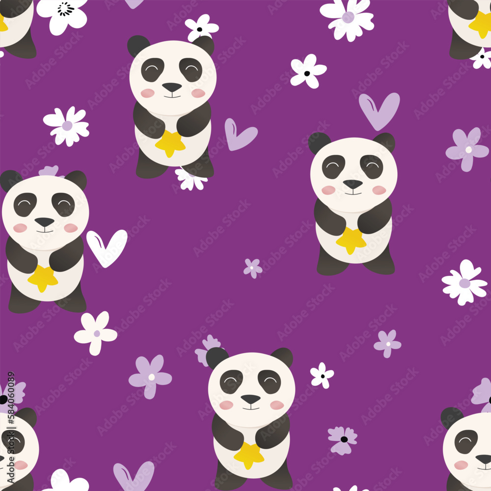 Seamless pattern with cute panda baby on color background. Funny asian animals. Card, postcards for kids. Flat vector illustration for fabric, textile, wallpaper, poster, gift wrapping paper Seamless pattern with cute panda baby on color background. Funny asian animals. Card, postcards for kids. Flat vector illustration for fabric, textile, wallpaper, poster, gift wrapping paper