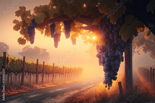 Vineyard with bunches of grapes hanging from its vines, view in the morning mist with rising sun. Generative AI