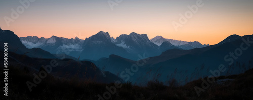 French Alps  Lac de Peyre mountains are illuminated by the first light of day. Mountain ranges at dawn s blue hour - Generative AI