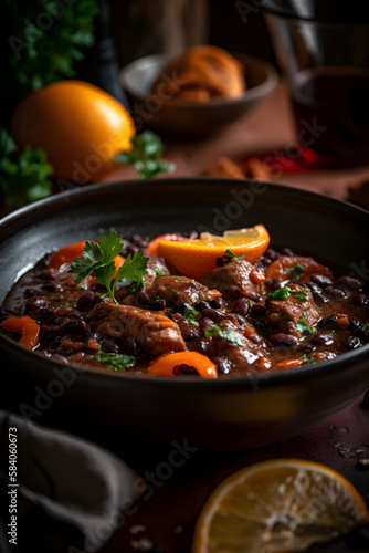 Pork stew with chorizo and black beans. Served with orange and seasoned with hot chili peppers. (generative ai)