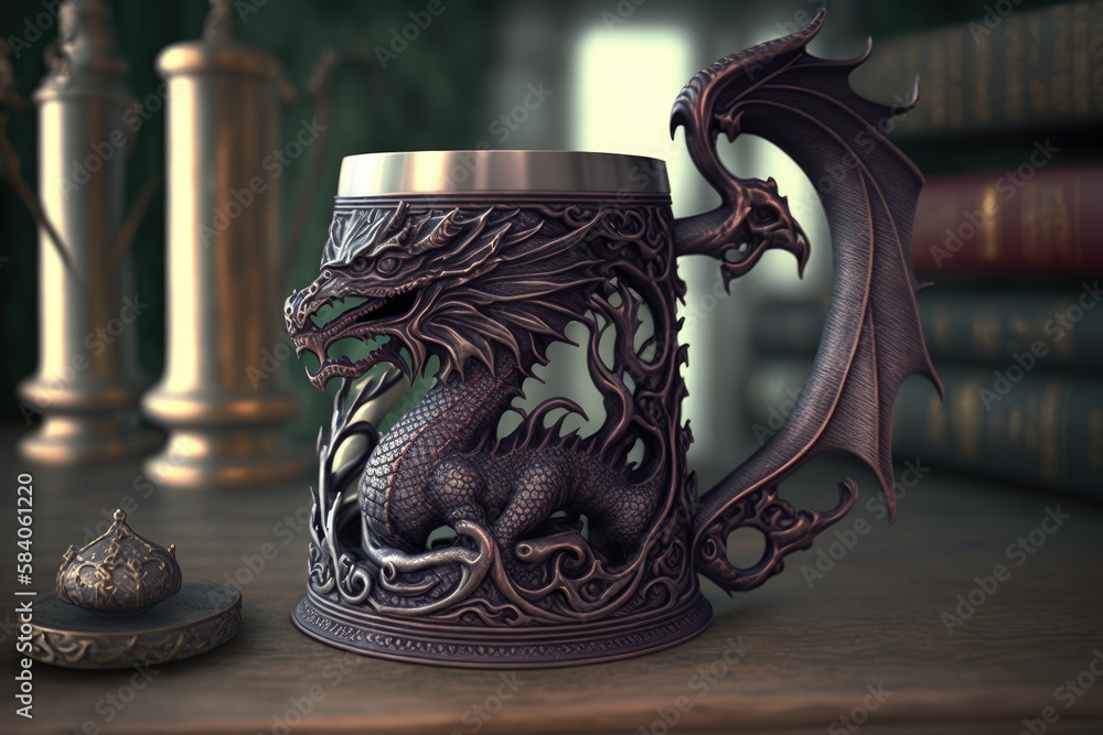 a vintage iron mug, adorned with intricate scrollwork and a handle in the shape of a dragon, created with generative ai - obrazy, fototapety, plakaty 