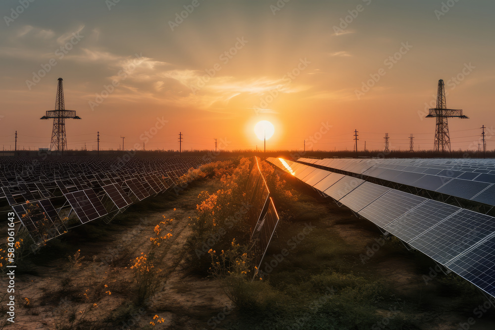 Very detailed and intricate photorealistic photo of a solar power plant at sunset.