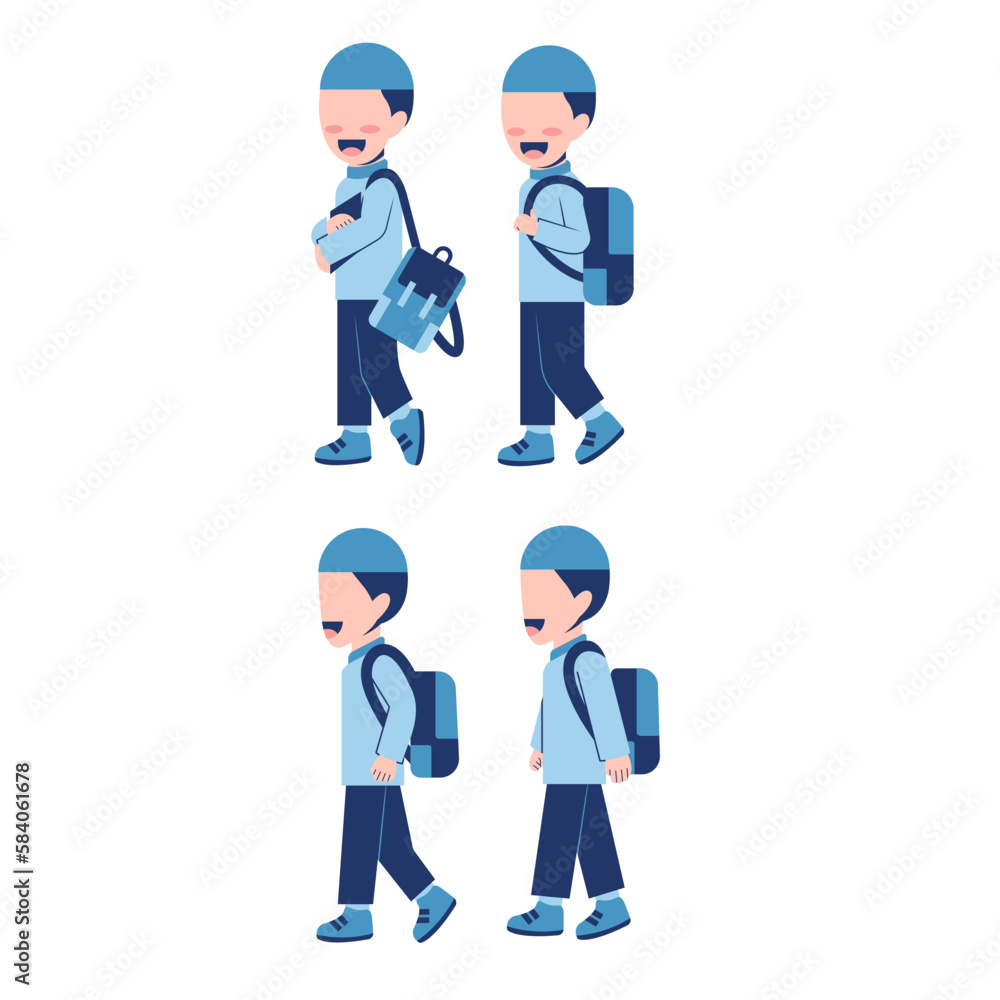 Set Of Muslim Boy Student With Schoolbag Set Of Muslim Boy Student With Schoolbag