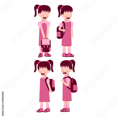 Set Of Girl Student With Schoolbag