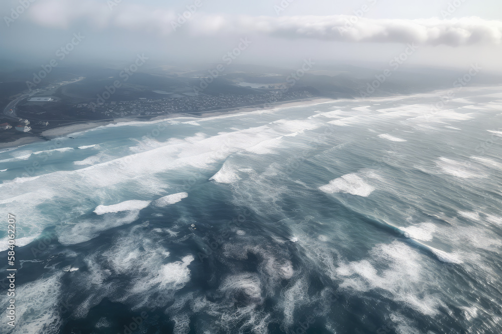 Fototapeta Looking at the black sea from the air with huge white waves