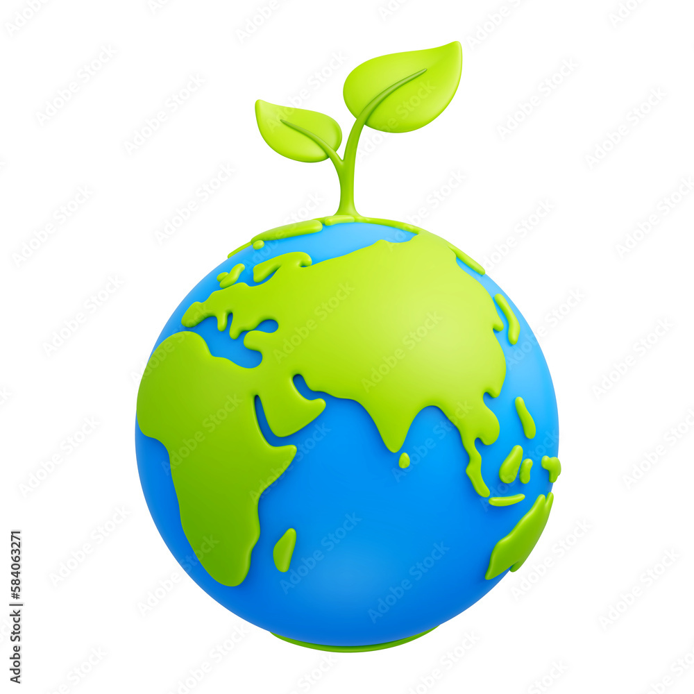 Cartoon planet Earth with green sprout and leaves 3d icon on transparent background. Earth day, ecology, nature and environment conservation concept. Save green planet concept. PNG file