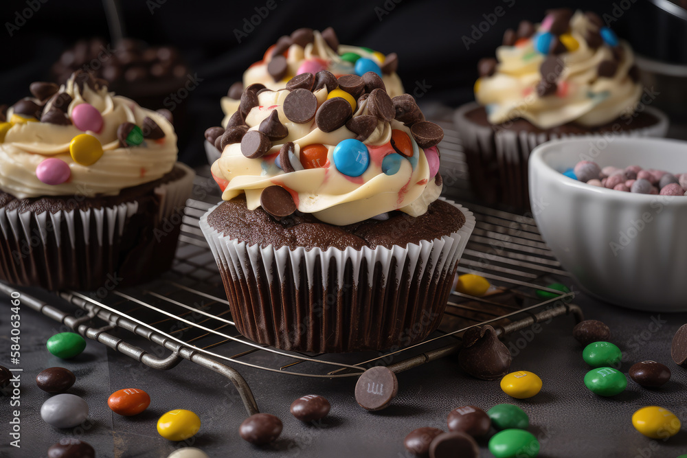 Chocolate chips on cupcakes.
