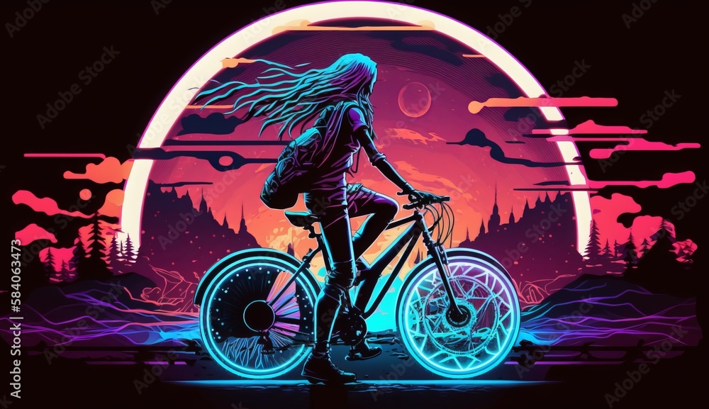 Fototapeta premium 80s style of a woman riding a bicycle, synthwave, sunset. Generative ai