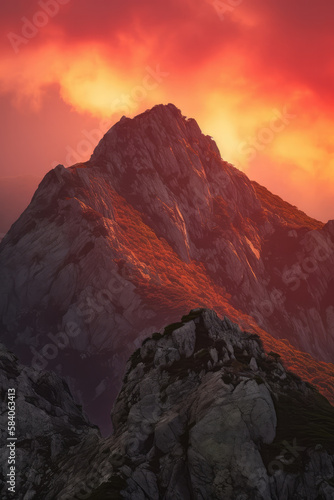 At dusk  the peaks of the snow-capped mountains are dyed red by the setting sun.