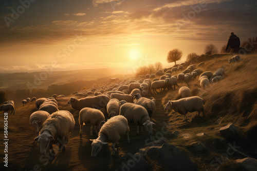 Flock of sheep on the hillside at sunset.