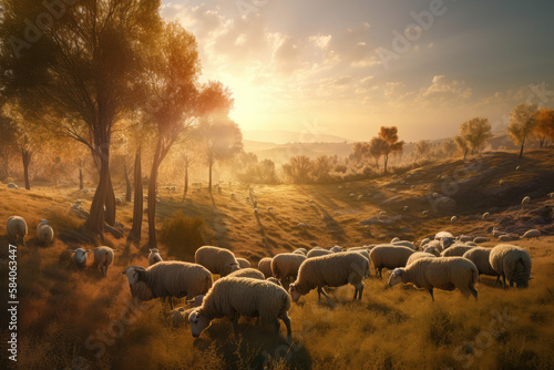 Flock of sheep on the hillside at sunset.