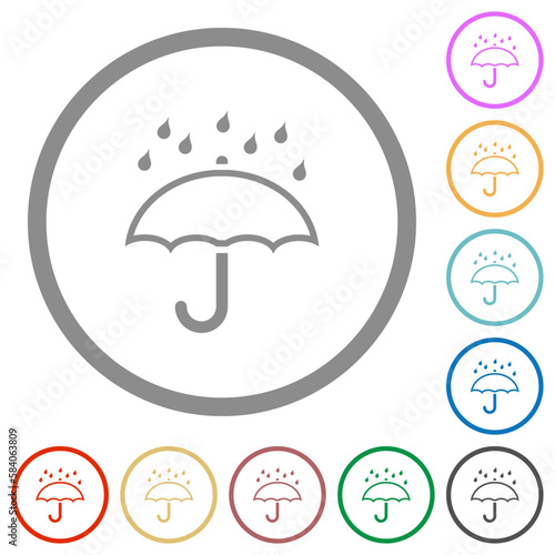Umbrella with rain outline flat icons with outlines