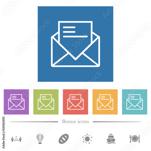 Open mail with letter outline flat white icons in square backgrounds