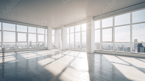 illustration of a stylish empty room apartment without furniture with large panoramic windows overlooking the city .Generative AI