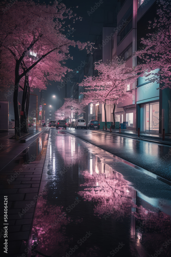 At night, the cherry blossoms are in full bloom on the street after the rain.