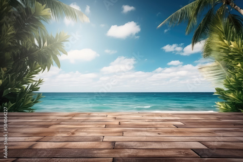 Summer tropical sea with waves, palm leaves and blue sky with clouds. © imlane