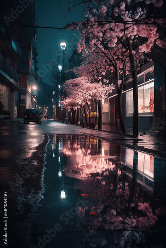 At night, the cherry blossoms are in full bloom on the street after the rain.