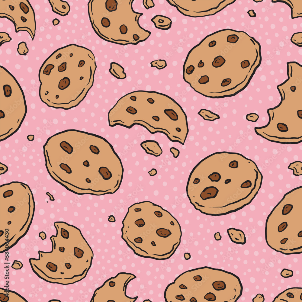 Chocolate Chip Cookies doodle seamless pattern. Cartoon illustration vector illustration background. For print, textile, web, home decor, fashion, surface, graphic design Chocolate Chip Cookies doodle seamless pattern. Cartoon illustration vector illustration background. For print, textile, web, home decor, fashion, surface, graphic design