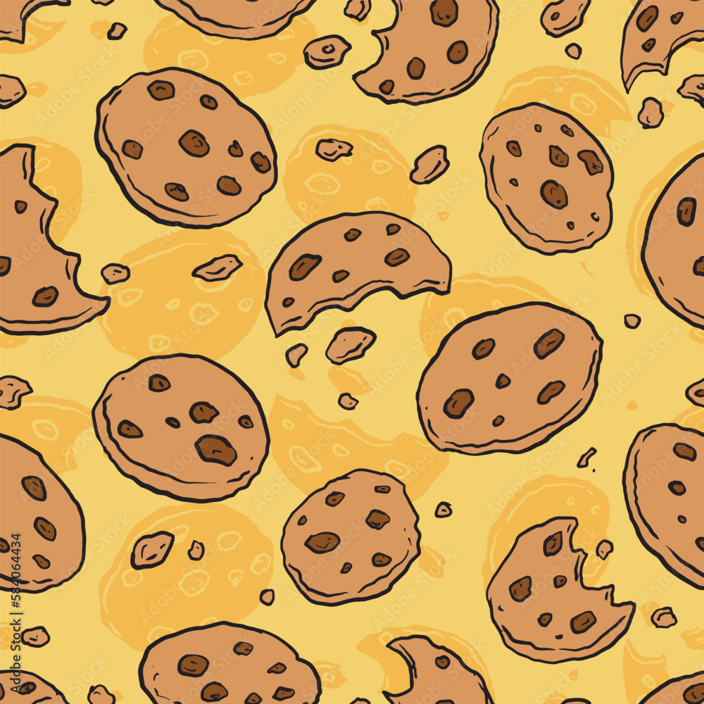 Chocolate Chip Cookies doodle seamless pattern. Cartoon illustration vector illustration background. For print, textile, web, home decor, fashion, surface, graphic design Chocolate Chip Cookies doodle seamless pattern. Cartoon illustration vector illustration background. For print, textile, web, home decor, fashion, surface, graphic design