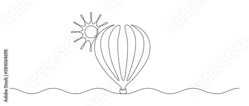 Hot air balloon with sun in One continuous line drawing. Travel flying on aerostat in sky logo and divider concept in simple linear style. Editable stroke. Doodle vector illustration