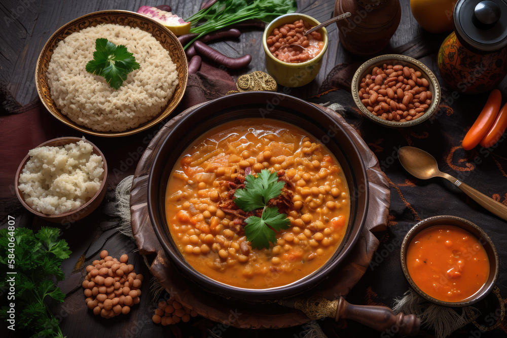 Indian food, top view of cooked and uncooked lentils served with traditional rice and traditional red lentil soup. Indian food, top view of cooked and uncooked lentils served with traditional rice and traditional red lentil soup.
