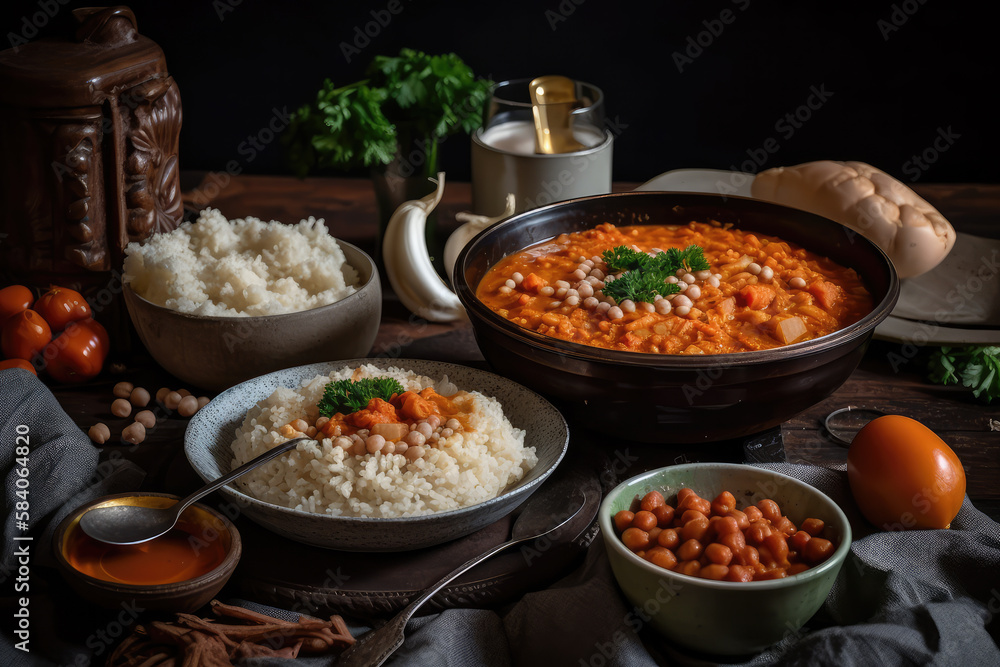 Indian food, top view of cooked and uncooked lentils served with traditional rice and traditional red lentil soup. Indian food, top view of cooked and uncooked lentils served with traditional rice and traditional red lentil soup.
