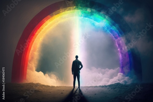person standing in front of a rainbow, representing hope and the possibility. Generative AI