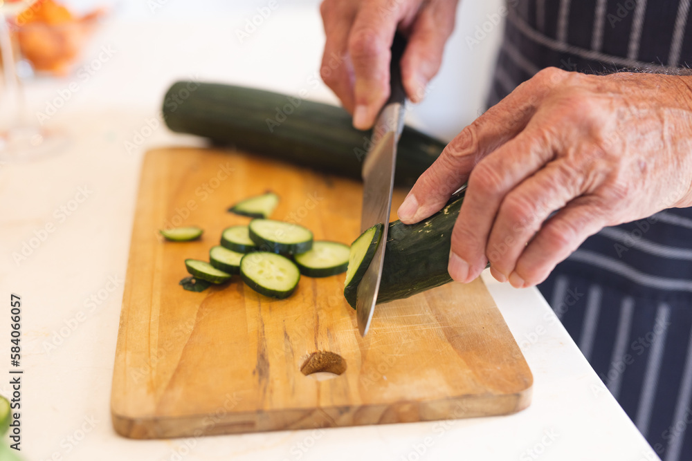 Hands of caucasian senior man wearing blue apron cutting cucumber during a cookery class Hands of caucasian senior man wearing blue apron cutting cucumber during a cookery class