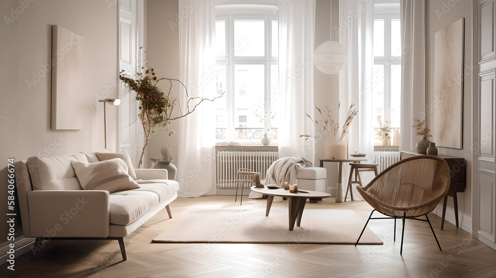 Fototapeta premium Vintage Scandinavian style living room 3d render (ai generated)