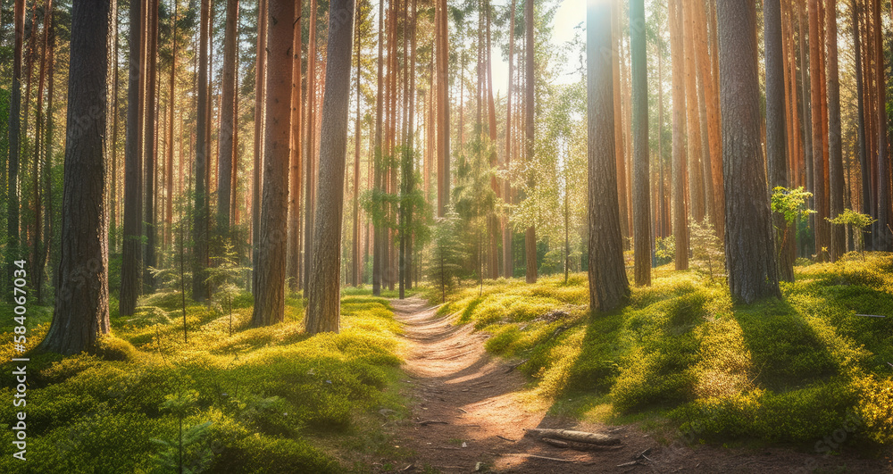 Obraz premium summertime scene of a pine woodland. path through the park. Banner supporting the environment and ecology. Spring and summer seasons, and a web banner of nature - Generative AI
