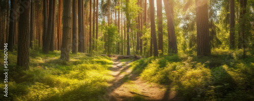 summertime scene of a pine woodland. path through the park. Banner supporting the environment and ecology. Spring and summer seasons  and a web banner of nature - Generative AI