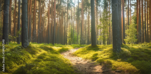 summertime scene of a pine woodland. path through the park. Banner supporting the environment and ecology. Spring and summer seasons, and a web banner of nature - Generative AI