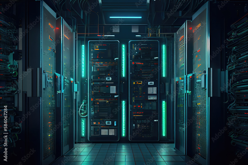 3D rendering of a modern high-tech server room with powerful database and computing storage capabilities. 3D rendering of a modern high-tech server room with powerful database and computing storage capabilities.