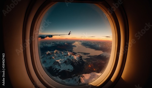 Beautiful landscape view from an airplane window, Plane, traveling view, sky and Mountains from flight, private jet