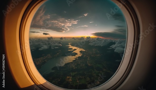 view from an airplane window, Plane, traveling view, sky and clouds from flight, private jet