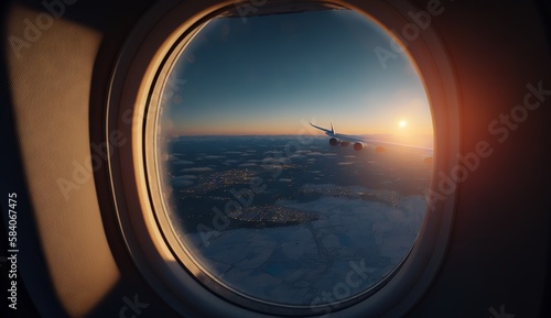 view from an airplane window, Plane, traveling view, sky and sunrise from flight, private jet