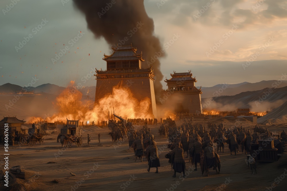 Fototapeta premium Genghis Khan and his Mongolian generals and warriors fighting under the city of Khorezm