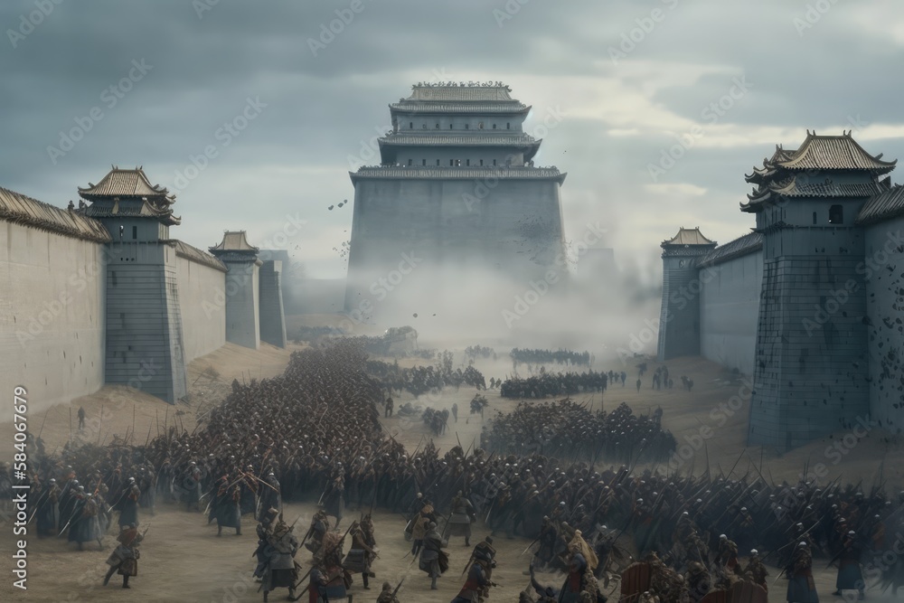 Genghis Khan and his Mongolian generals and warriors fighting under the