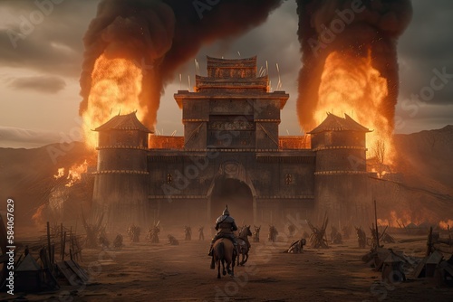 Genghis Khan and his Mongolian generals and warriors fighting under the city of Khorezm