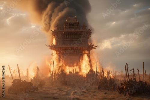 Genghis Khan and his Mongolian generals and warriors fighting under the city of Khorezm