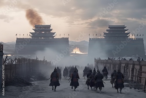 Genghis Khan and his Mongolian generals and warriors fighting under the city of Khorezm