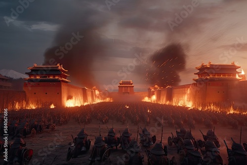 Genghis Khan and his Mongolian generals and warriors fighting under the city of Khorezm