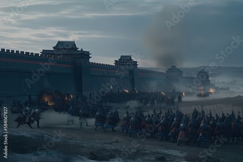 Genghis Khan and his Mongolian generals and warriors fighting under the city of Khorezm. Generative AI.