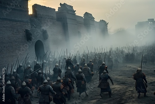 Genghis Khan and his Mongolian generals and warriors fighting under the city of Khorezm. Generative AI.