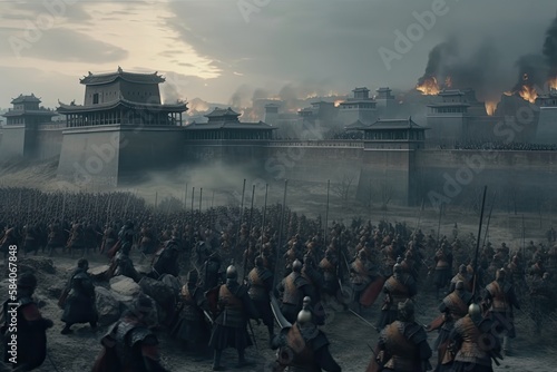 Genghis Khan and his Mongolian generals and warriors fighting under the city of Khorezm. Generative AI.