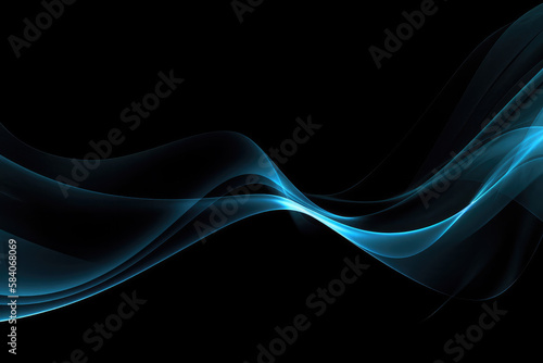 Smooth abstract wavy blue curves on black background with copy spac