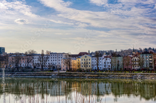 Cityscape impressions of Passau city downtown at the historical old town , late afternoon light in march