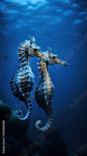 Seahorses in a deep blue ocean. Gen AI